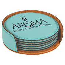 Load image into Gallery viewer, Custom 4" Round Laserable Leatherette 6-Coaster Set, Personalized Engraving Gifts shipped from USA.