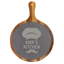 Load image into Gallery viewer, Round Acacia Wood/Slate Serving Board with Handle, Personalized Engraving Gifts shipped from USA.