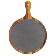 Load image into Gallery viewer, Round Acacia Wood/Slate Serving Board with Handle, Personalized Engraving Gifts shipped from USA.