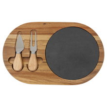 Load image into Gallery viewer, 12 1/2&quot; x 7 3/4&quot; Acacia Wood/Slate Oval Cheese Set with Two Tools
