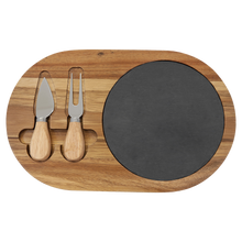 Load image into Gallery viewer, 12 1/2" x 7 3/4" Acacia Wood/Slate Oval Cheese Set with Two Tools, Personalized Engraving Gifts shipped from USA.