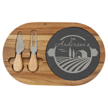 Load image into Gallery viewer, 12 1/2&quot; x 7 3/4&quot; Acacia Wood/Slate Oval Cheese Set with Two Tools

