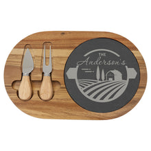 Load image into Gallery viewer, 12 1/2" x 7 3/4" Acacia Wood/Slate Oval Cheese Set with Two Tools, Personalized Engraving Gifts shipped from USA.