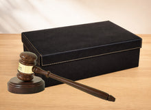 Load image into Gallery viewer, Personalized Walnut Wood Gavel and Sound Block Custom Engraved Gavel Set, with Black/Gold Gift Box with Leatherette Lid
