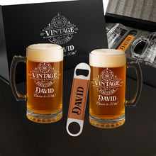 Load image into Gallery viewer, Beer Set with Two 14 oz. Mugs and One Rawhide Laserable Leatherette Bottle Opener-Black, Box Lasers to Silverer
