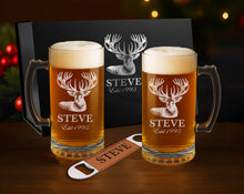 Load image into Gallery viewer, Beer Set with Two 14 oz. Mugs and One Rawhide Laserable Leatherette Bottle Opener-Black, Box Lasers to Silverer
