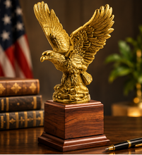 Load image into Gallery viewer, Antique Gold Eagle Trophy on Cherry Wood Base, Personalized Eagle Award, Corporate Recognition Trophy, Custom Engraved Name Plate, Patriotic Eagle Statue, Made in the USA.
