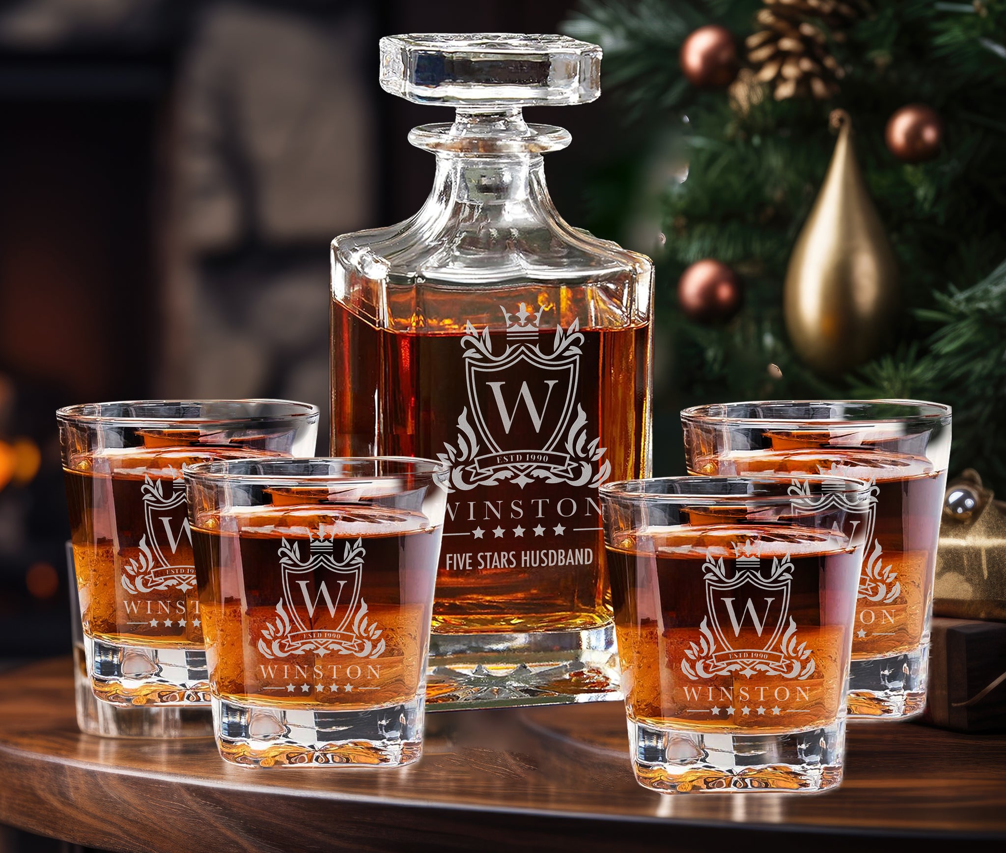 Personalized Whiskey Decanter Set – Custom Engraved Glass Gift Set With 2 Glasses & Stopper