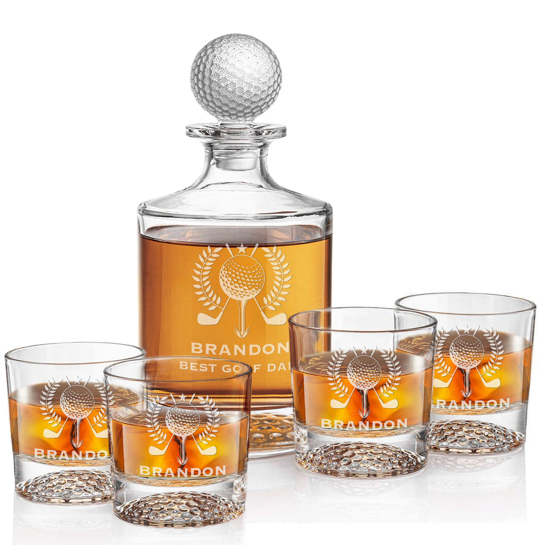 Custom 850ml Round Golf Glass Decanter Set with Four 9 oz. Golf Rocks Glasses in a Black Gift Box