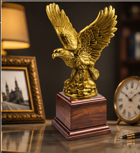 Load image into Gallery viewer, Antique Gold Eagle Trophy on Cherry Wood Base, Personalized Eagle Award, Corporate Recognition Trophy, Custom Engraved Name Plate, Patriotic Eagle Statue, Made in the USA.
