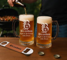 Load image into Gallery viewer, Beer Set with Two 14 oz. Mugs and One Rawhide Laserable Leatherette Bottle Opener-Black, Box Lasers to Silverer
