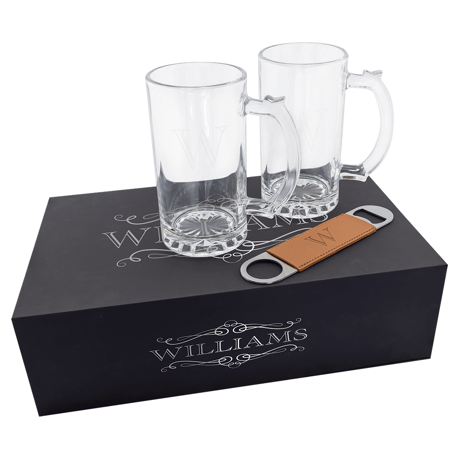 Beer Set with Two 14 oz. Mugs and One Rawhide Laserable Leatherette Bo –  Art Laser Engraving