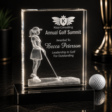Load image into Gallery viewer, Crystal 3D Golf Award mounted on a Black Base, Personalized Engraving Gifts shipped from USA.
