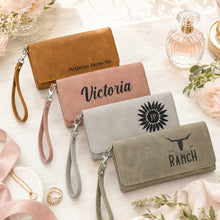 Load image into Gallery viewer, Personalized Wristlet Wallet, Engraved RFID Leatherette Wallet, Custom Women’s Wallet with Strap, Creekside Collection Gift
