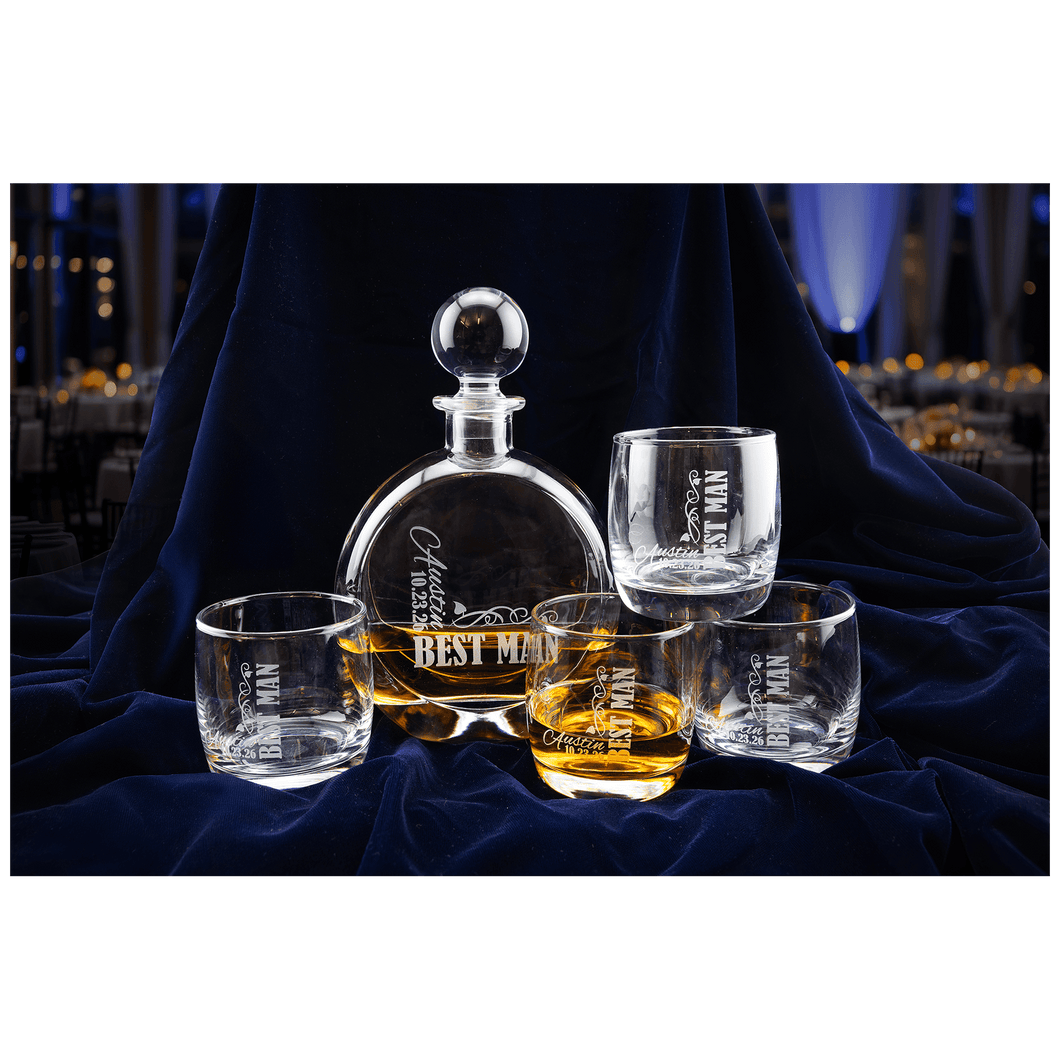 750ml Flat Round Glass Decanter Set with Four 10 oz. Rocks Glasses. Personalized Engraving Gifts shipped from USA.