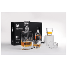 Load image into Gallery viewer, Custom 810ml Rectangle Glass Decanter Set with Four 8 oz. Glasses in a Black Gift Box
