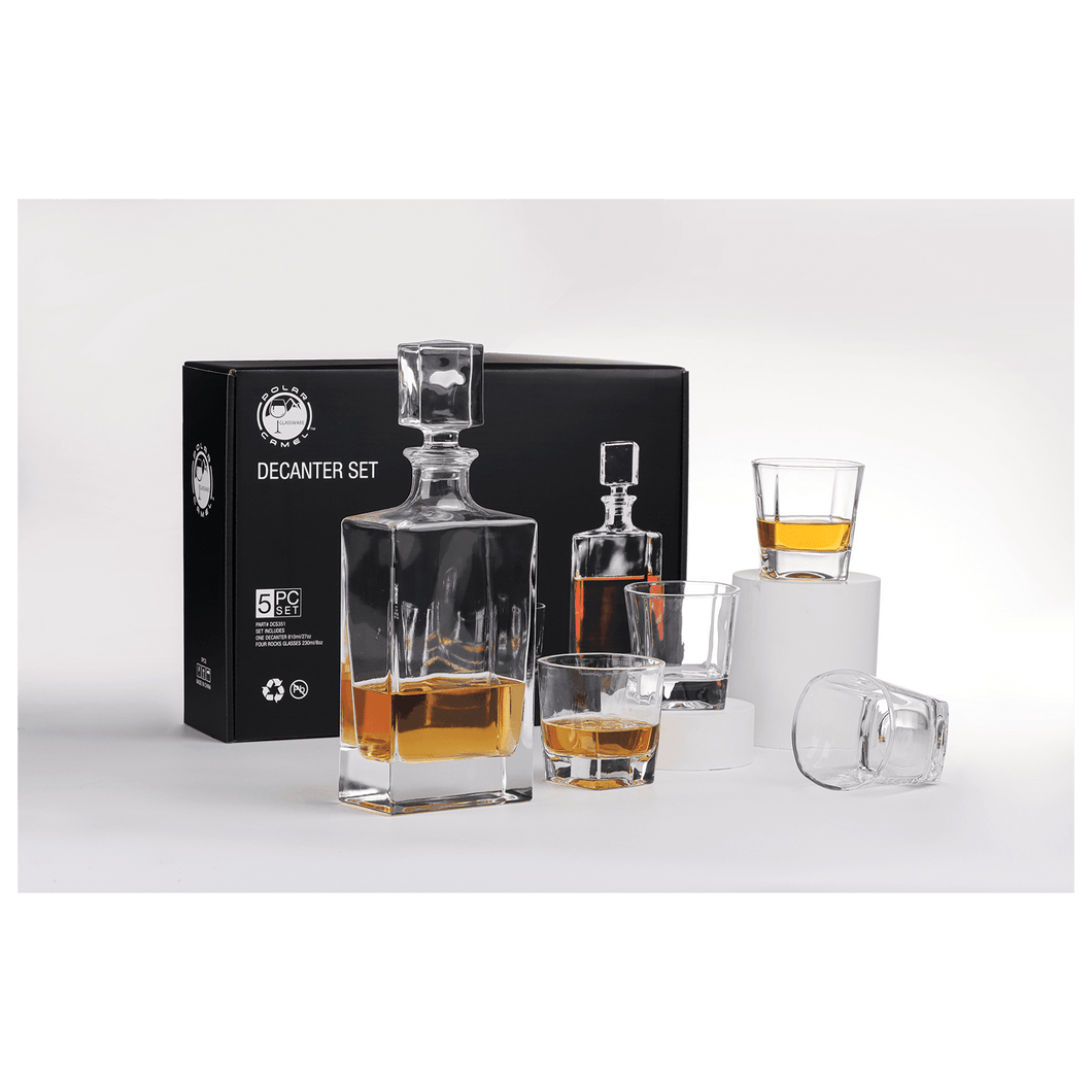 Custom 810ml Rectangle Glass Decanter Set with Four 8 oz. Glasses in a Black Gift Box