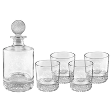 Load image into Gallery viewer, Custom 850ml Round Golf Glass Decanter Set with Four 9 oz. Golf Rocks Glasses in a Black Gift Box
