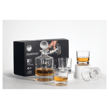 Load image into Gallery viewer, Custom 850ml Round Golf Glass Decanter Set with Four 9 oz. Golf Rocks Glasses in a Black Gift Box
