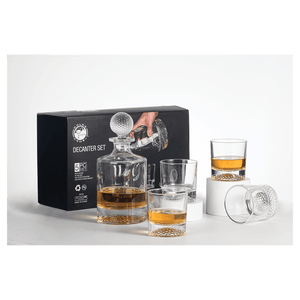 Custom 850ml Round Golf Glass Decanter Set with Four 9 oz. Golf Rocks Glasses in a Black Gift Box