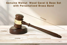Load image into Gallery viewer, Personalized Walnut Wood Gavel and Sound Block Custom Engraved Gavel Set, with Black/Gold Gift Box with Leatherette Lid
