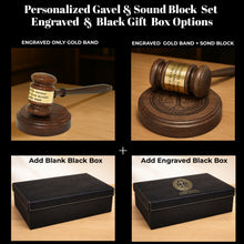 Load image into Gallery viewer, Personalized Walnut Wood Gavel and Sound Block Custom Engraved Gavel Set, with Black/Gold Gift Box with Leatherette Lid
