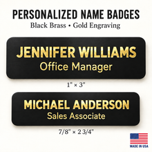 Load image into Gallery viewer, Personalized Magnetic Name Badge, Black Brass with Gold Engraving, Custom Name Tag with Logo, Two Sizes
