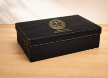 Load image into Gallery viewer, Personalized Walnut Wood Gavel and Sound Block Custom Engraved Gavel Set, with Black/Gold Gift Box with Leatherette Lid

