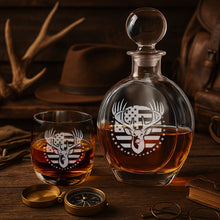 Load image into Gallery viewer, 750ml Flat Round Glass Decanter Set with Four 10 oz. Rocks Glasses. Personalized Engraving Gifts shipped from USA.
