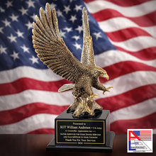 Load image into Gallery viewer, 10 3/4" Antique Gold Eagle with Base, two options of Custom Plates, Personalized Engraving Gifts shipped from USA.
