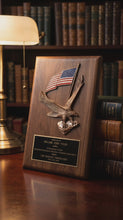 Load and play video in Gallery viewer, Solid American Walnut Plaque with Finely Detailed Eagle with American Flag Relief and Black Laser Brass Plate, Personalized Engraving Gifts shipped from USA.
