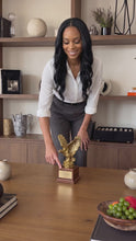 Load and play video in Gallery viewer, Antique Gold Eagle Trophy on Cherry Wood Base, Personalized Eagle Award, Corporate Recognition Trophy, Custom Engraved Name Plate, Patriotic Eagle Statue, Made in the USA.
