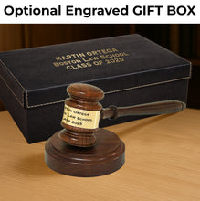 Load image into Gallery viewer, Personalized Walnut Wood Gavel and Sound Block Custom Engraved Gavel Set, with Black/Gold Gift Box with Leatherette Lid
