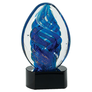 6" Blue Oval Swirl Art Glass